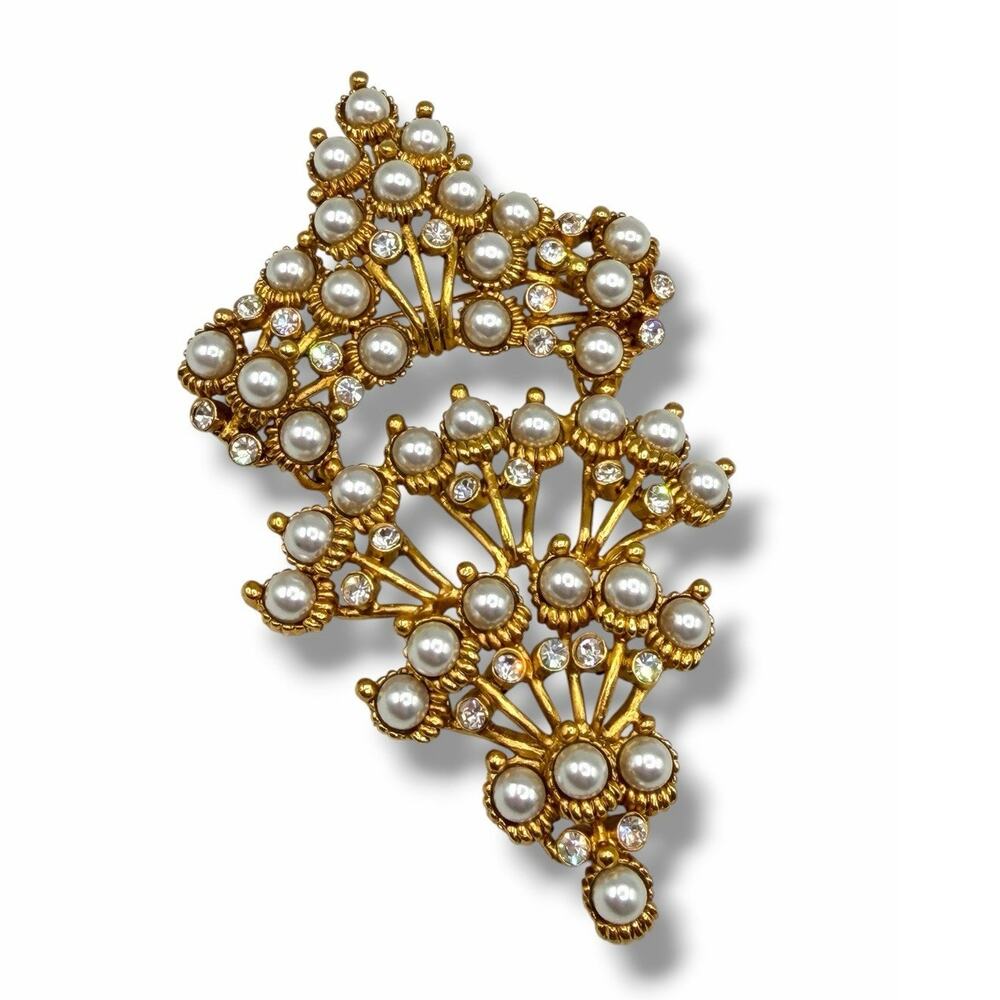 XL Vintage Hinged Brooch - Epaulette Gold Tone Pearl & Crystal Accents